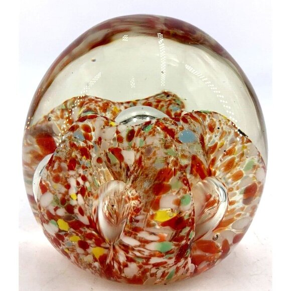Confetti Controlled Bubble Paperweight Red White Clear Art Glass 3" Pointed Top - Picture 5 of 8